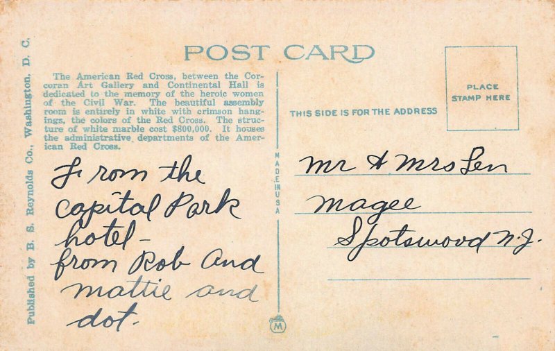 American Red Cross, Washington, D.C., Early Postcard, Used 