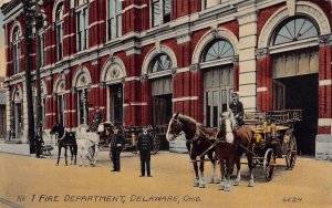 J80/ Delaware Ohio Postcard c1910 No 1 Fire Department Wagons  385