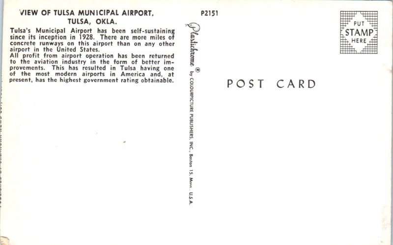 1950s View of Tulsa Municipal Airport Tulsa Oklahoma Postcard 2