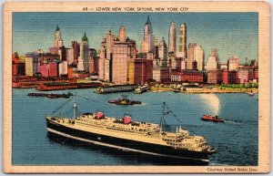 VINTAGE POSTCARD OCEAN LINER AGAINST LOWER NEW YORK CITY SKYLINE c. 1935-1940