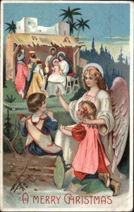 Christmas Angel with Kids Watching Nativity Play c1910 Vintage Postcard