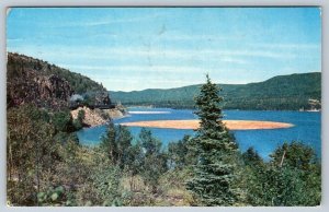 CPR Train, Log Boom, Jackfish Bay, Lake Superior, Ontario, 1958 Postcard