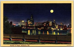 Skyline at Night Baltimore Maryland MD Buildings Moonlight View Postcard