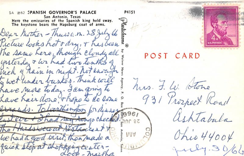 San Antonio Texas 1966 Postcard Spanish Governor's Palace