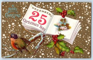 1910 Christmas Song Bird Book Holly Berries Snow Winter Scene Embossed Postcard