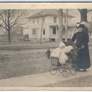 c1910s Cute Mother Baby Stroller RPPC Sidewalk Photo Feathers Fire Hydrant A125