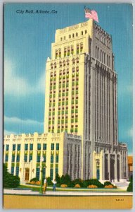 Atlanta Georgia 1940s Postcard City Hall Building Flag