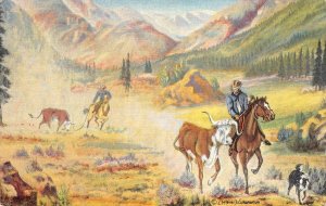 Dude Larsen Painting Cowboys Cattle Western Art 1939 Linen Vintage Postcard