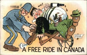 ALCOHOLISM COMIC Cop Policeman w Drunk Man in Wheelbarrow c1910 PC