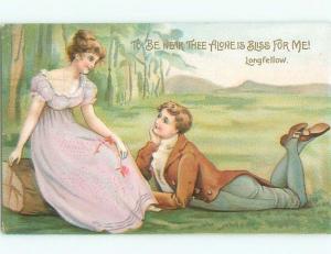 Pre-Linen LONGFELLOW QUOTE & PRETTY GIRL SITTING ON TREE LOG J3612