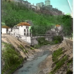 1960 Granada Spain Fort Alhambra Palace RPPC Hand Colored Photo Darro River A150