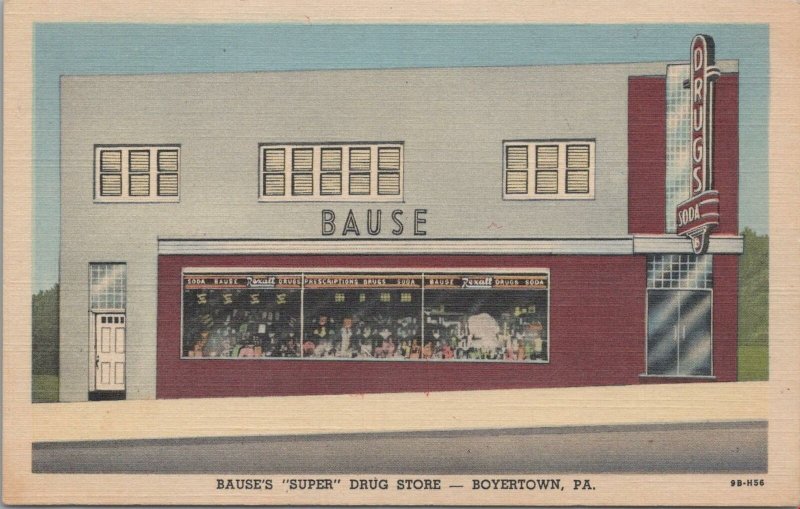 Postcard Bause's Super Drug Store Boyertown PA