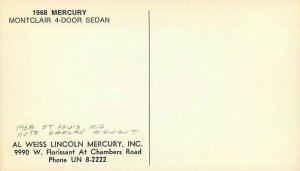 Advertising Montclair 4 door Sedan 1968 Mercury POSTCARD St Louis Missouri 6743