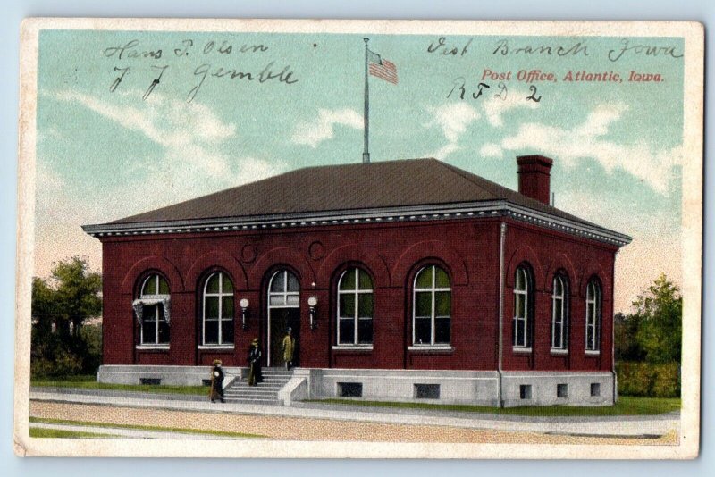 Atlantic Iowa Postcard Post Office Exterior Building View c1916 Vintage Antique