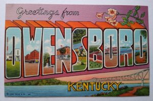 Greetings From Owensboro Kentucky Postcard Large Letter Curt Teich Bridge Unused