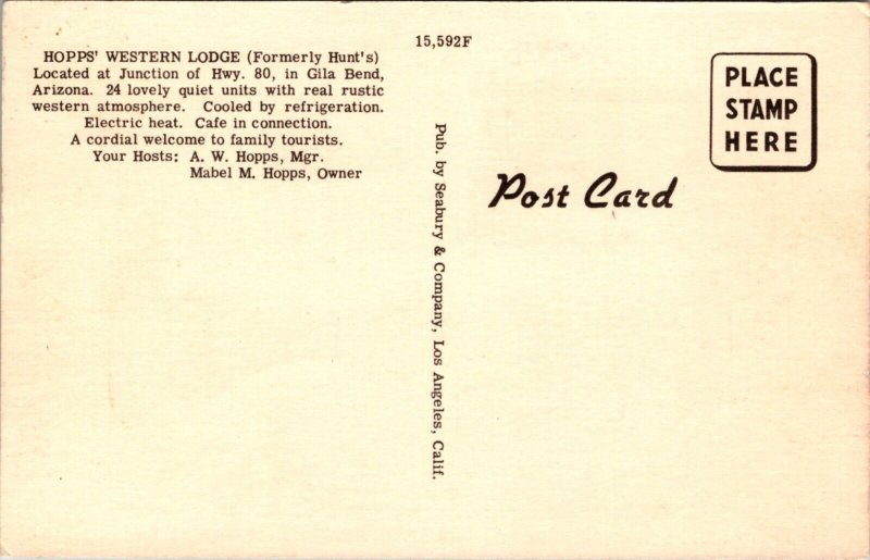 Linen Postcard Hopps' Western Lodge on Highway 80 in Gila Bend, Arizona