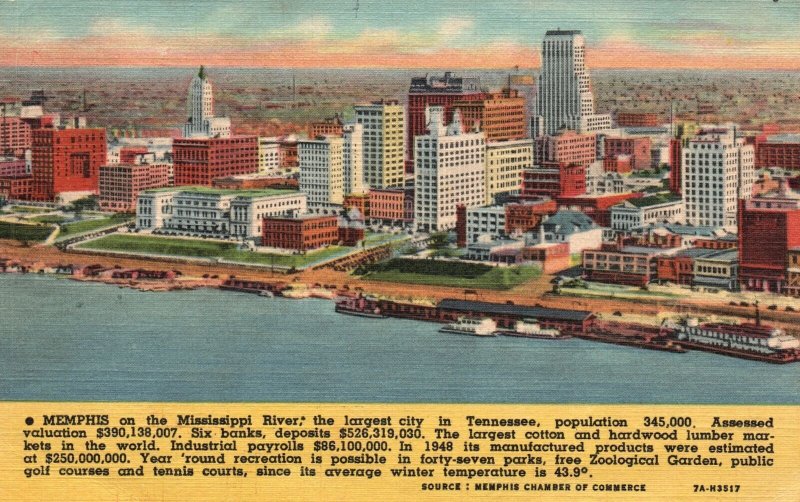 Vintage Postcard 1950's Memphis On Mississippi River Largest City In Tennessee