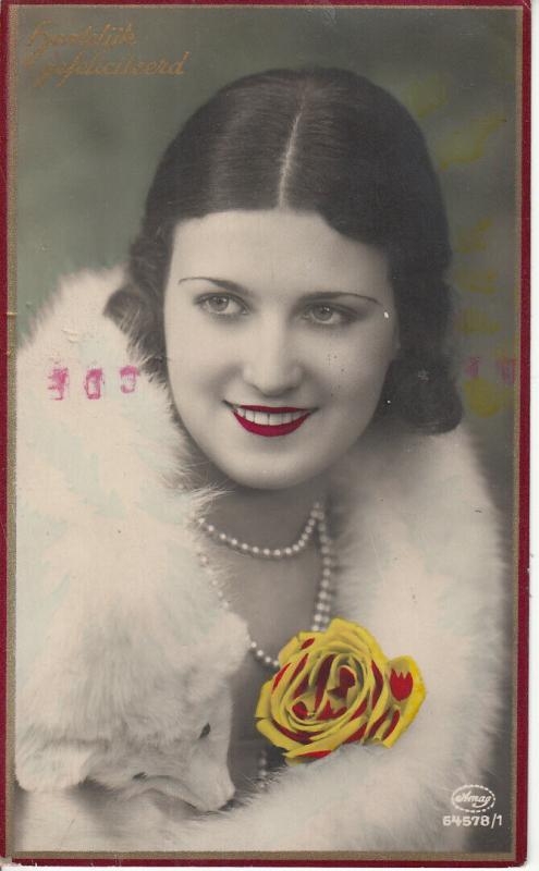 Lovely lady portrait 1933 photo postcard tinted colors hairstyle rose fox fur