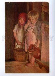 156878 RUSSIA Rural Kids w/ Basket by LEMOCH vintage color PC