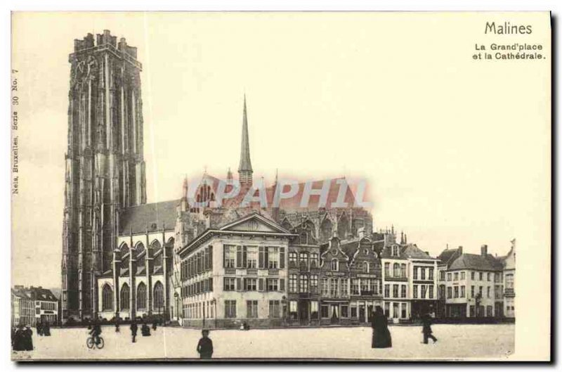 Old Postcard Mechelen The Grand Place and Cathedral