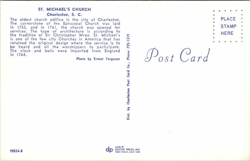 VINTAGE POSTCARD ST. MICHAEL'S CHURCH CHARLESTON S.C.
