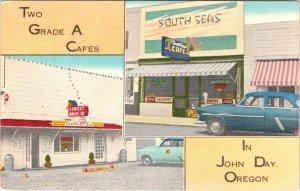 John Day, OR Oregon SOUTH SEAS CAFE & SUNSET DRIVE-IN ca1950's ROADSIDE Postcard