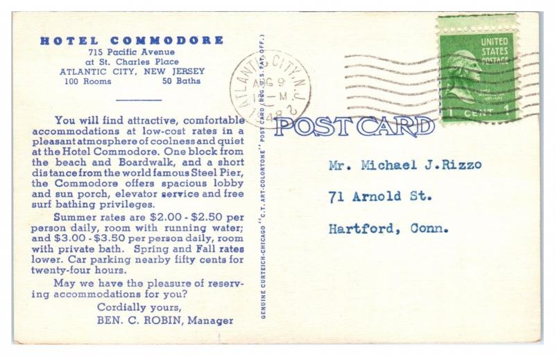 1948 Hotel Commodore, Atlantic City, NJ Postcard