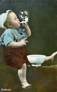 Postcard Hand Tinted View of Little Boy Blowing Bubbles      aa6