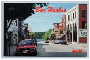 Bar Harbor Maine ME Main Street Scene Postcard Audi Car Shops Stores