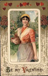 Valentine - Beautiful Woman Potted Flower Winsch Schmucker c1910 Postcard