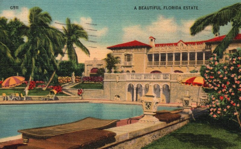 1940 Beautiful Florida Estate Swimming Pool Hotel Palms JBS, Vintage Postcard