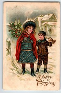 Christmas Postcard Children Boy Girl Horn X-mas Tree ASB Embossed Series 165