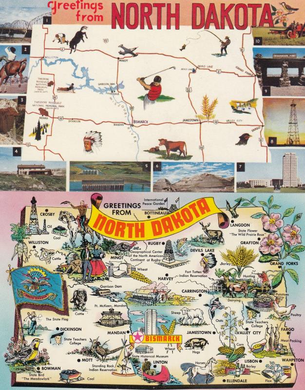 North Dakota 2x Map Postcard s