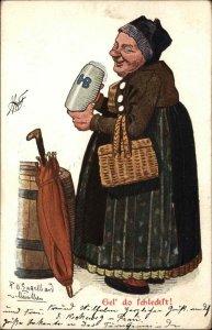 A/S German Frau Fat Woman Beer Stein Umbrella Drinking c1905 Vintage Postcard