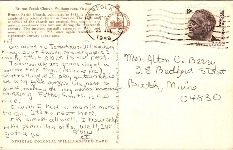 Bruton Parish Chruch Williamsburg Virginia Va Norfolk Cancel 1968 Pm Postcard