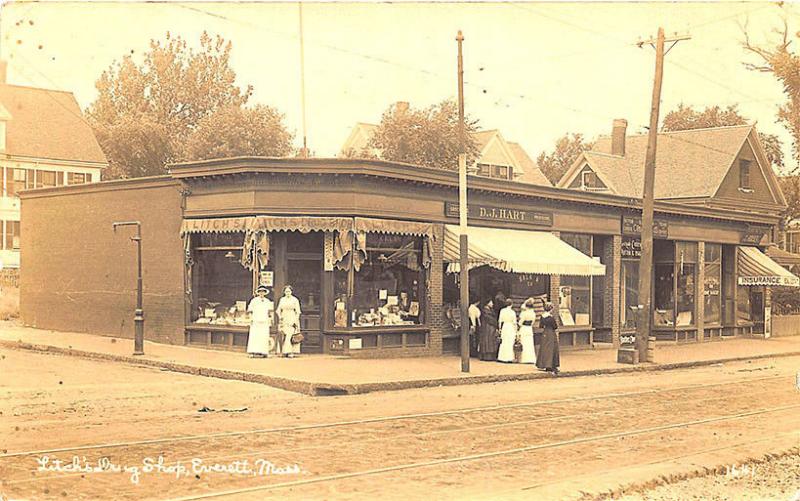 Everett MA Litch's Drug Shop Bakery Insurance Agency RPPC Postcard