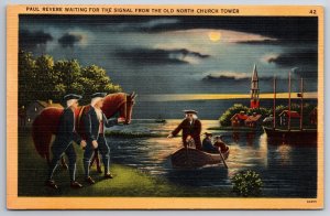 Boston MA~Paul Revere Waiting For Signal From Church~PM 1942~Vtg Linen Postcard