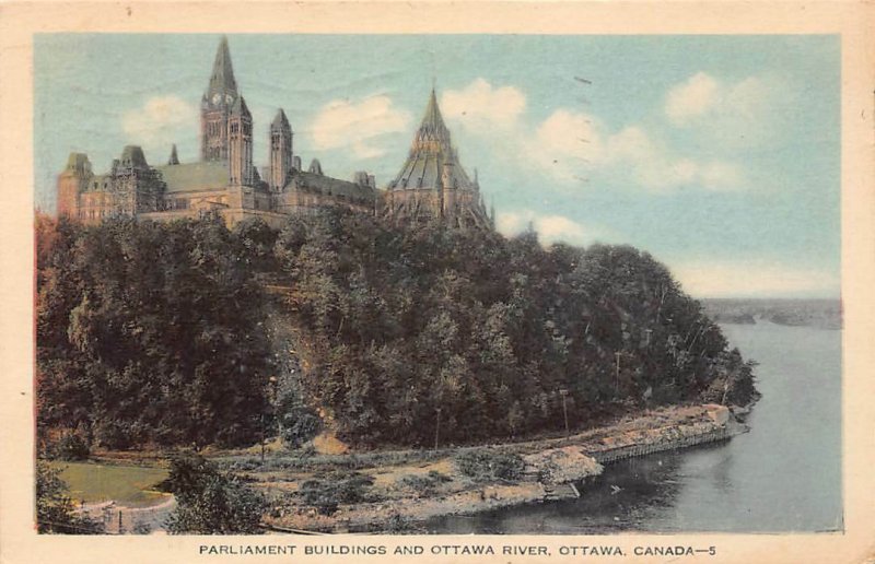 Postcard of Parliament Buildings on Ottawa River in Canada - 1937 postmark to US 