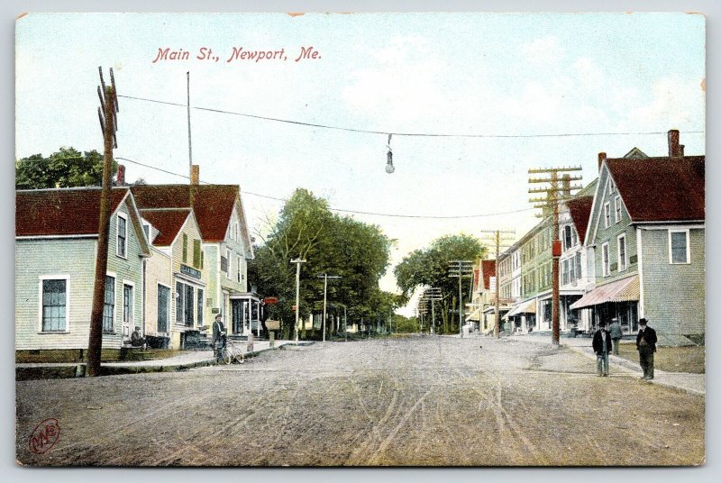 Newport Maine~Main Street Uphill~Hanging Lamp~Boy on Stoop~Storefronts~1908  