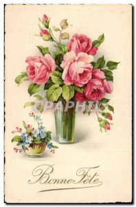 Old Postcard Fantasy Flowers Bonne fete