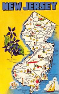 NEW JERSEY 1950-60s Map Postcard Jersey Shoe State Flower Sailboat