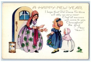 c1910's Happy New Year Old Woman Hourglass Children Fortune Teller Postcard