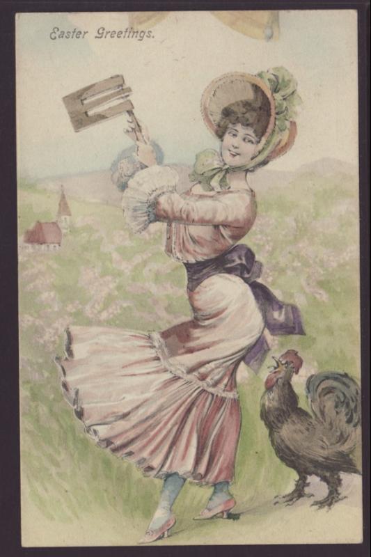 Easter Greetings,Woman with Noise Maker,Chick Postcard