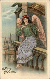 Christmas Young Girl Angel Playing Harp c1910 Vintage Postcard