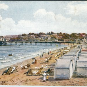 1922 Paignton Devon Bathing Beach Postcard Pier AR Quinton Art J Salmon England
