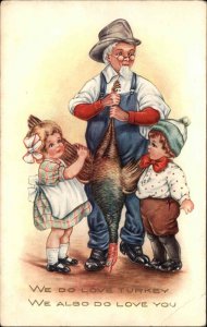 Whitney Thanksgiving Grandfather and Kids with Dead Turkey Vintage Postcard