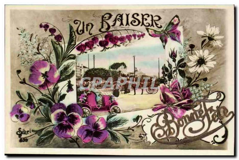 Old Postcard Fancy A kiss Good party (relief map) SPECIAL (butterfly automobi...