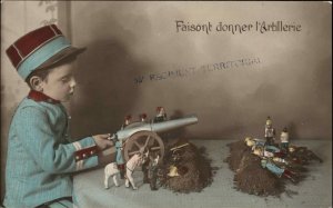 WWI Little French Boy Plays with Toy Soldiers and Cannon Tinted Real Photo PC