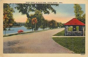 Cedar Rapids Iowa~River Front at Ellis Park~Stone Pavilion~1940s Postcard