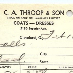 1938 C.A. THROOP & SON COATS-DRESSES CLEVELAND OHIO BILLHEAD STATEMENT Z3459